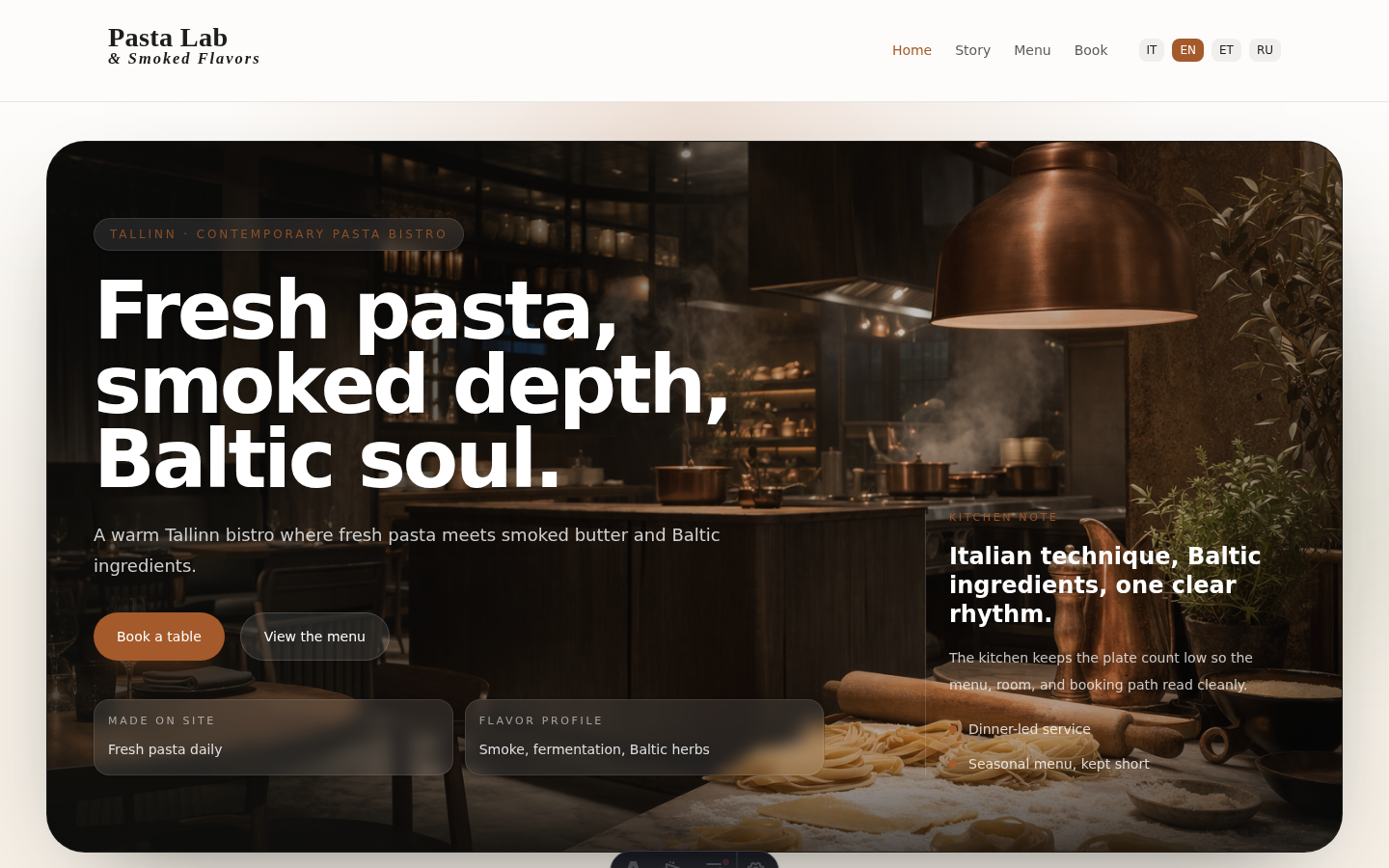 Pasta Lab concept demo screenshot showing multilingual hospitality branding and reservation entry