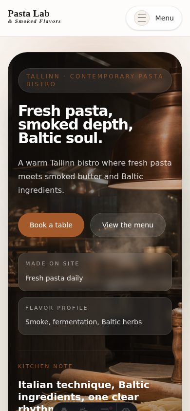 Pasta Lab mobile concept demo screenshot showing the booking and language entry flow